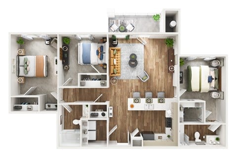 Floor plan for 3 beds, 2 baths, 1253 sqft